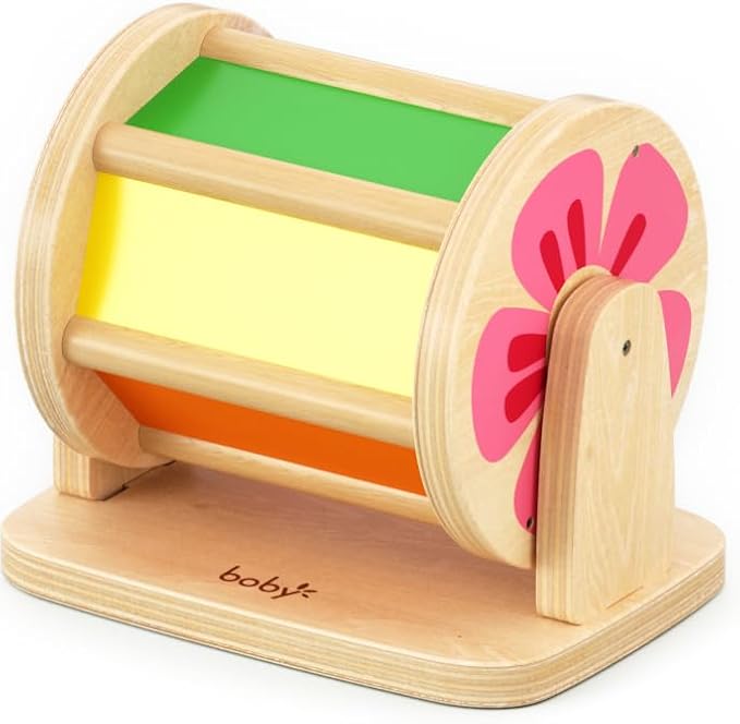 Dailyfunn Montessori Toys Wooden Spinning Drum Tummy Time Floor Mirror Toy for Babies Toddlers 1-3 Years Old