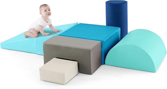 Costzon Toddler Climbing, 6 Pieces Climb and Crawl Playset with PU Cover for Baby Crawling, Climbing & Walking, Indoor Foam Climbing Blocks for Toddlers (Blue)