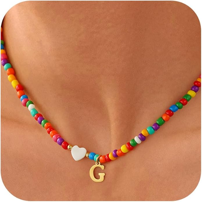 Colorful Initial Necklaces for Girls Women Kids - Teen Girls Gifts Trendy Beaded Initial Necklace Dainty Letter Gifts Choker Necklace for Girl Jewelry