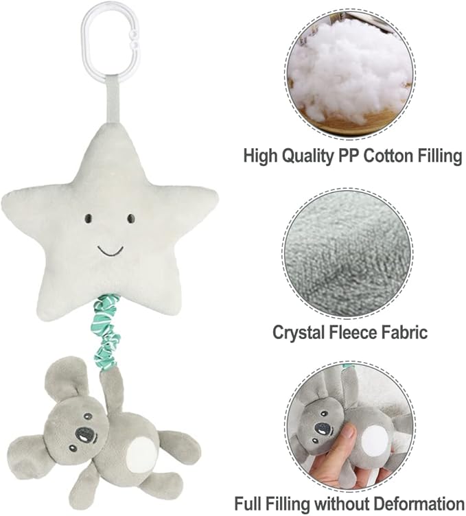 Baby Hanging Musical Toy With Music Box, Lullaby Pull Sensory for Babies Boys and Girls, Clip On Infant Pram Pushchair Cribs Strollers Car Seats, Star