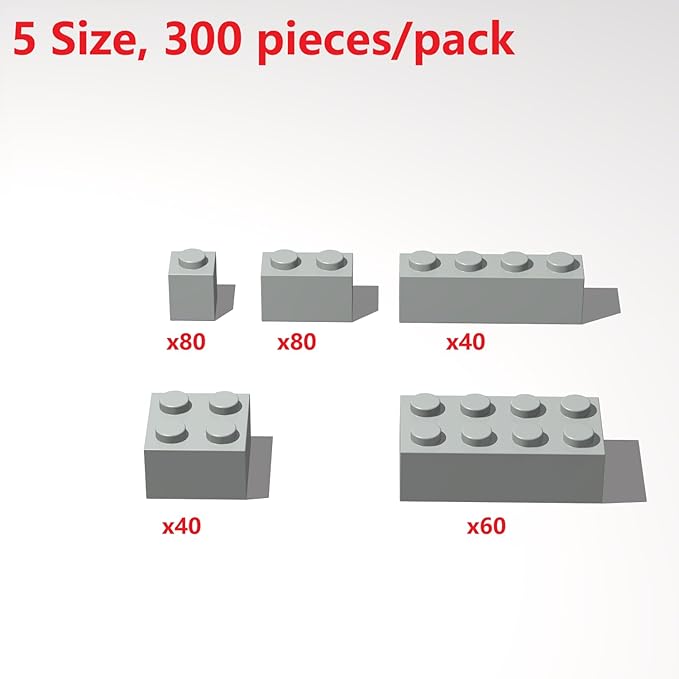 300Pcs Building Brick Bulk, Light Gray Bulk Bricks with 5 Sizes, Compatible with Lego and Parts and Pieces, Creative Halloween Christmas Building Block Toys for Boys Girls Ages 6 7 8 9 10 Years Old