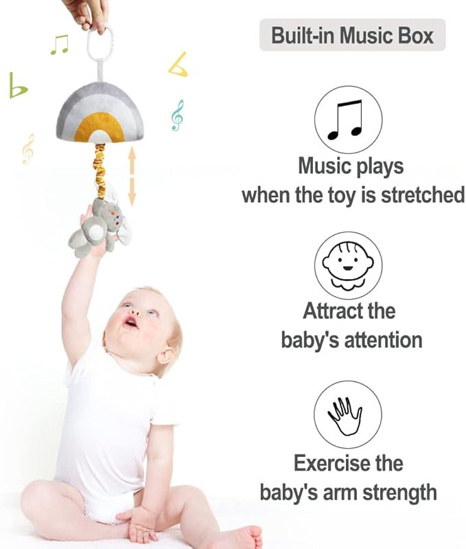 Baby Hanging Rattle Toys, Baby Lullaby Pull Musical, Soft Plush Early Development Stroller Car Toys with Squeaker for Infant (Rabbit)