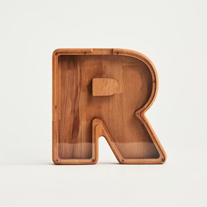 Personalized Wooden Piggy Bank – Custom Letter R Coin Bank in Beech Wood with Clear Acrylic Front, Engraved Name Option, Money Saving Box for Kids and Adults