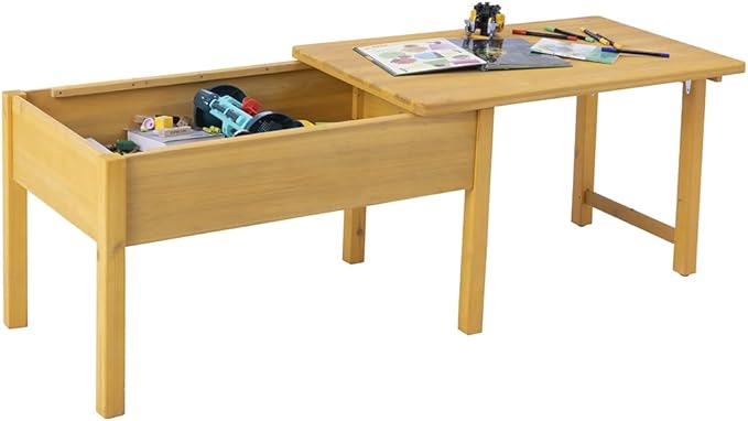 BIRASIL Wooden Kids Sensory Tables with Folding Lid, Activity Table for Children, Elevated Play Tables with Storage for Indoor Outdoor, Yellow