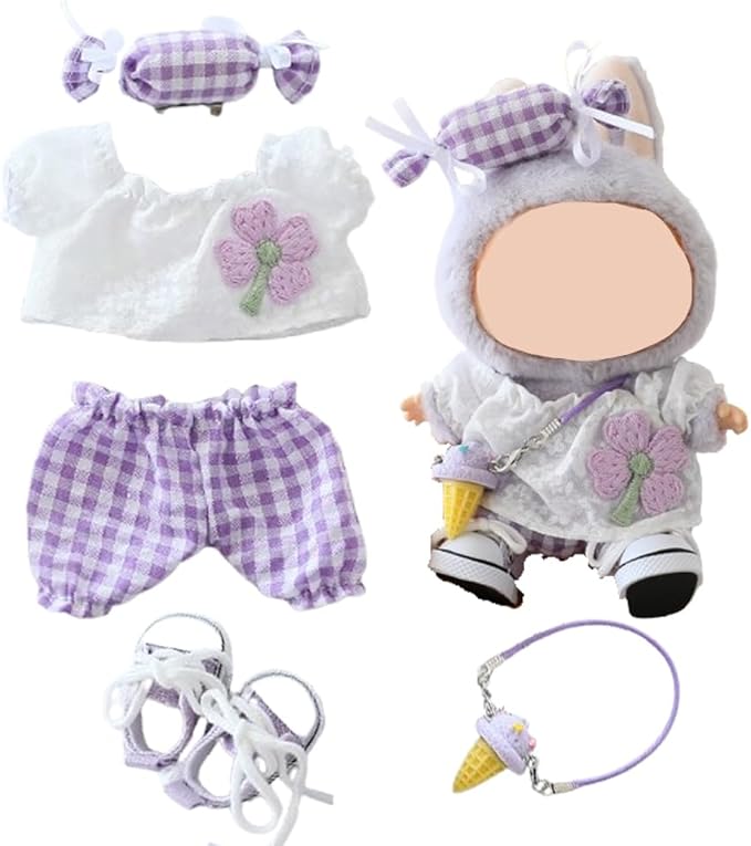 Clothes for Labubu Doll,Clothes for Dolls Accessories,Four-Leaf Clover Candy Summer Replacement Outfit Set 5 Pieces Suitable for Labubu 15&17cm ,Adorable Dress-Up Accessories for Doll (Purple)