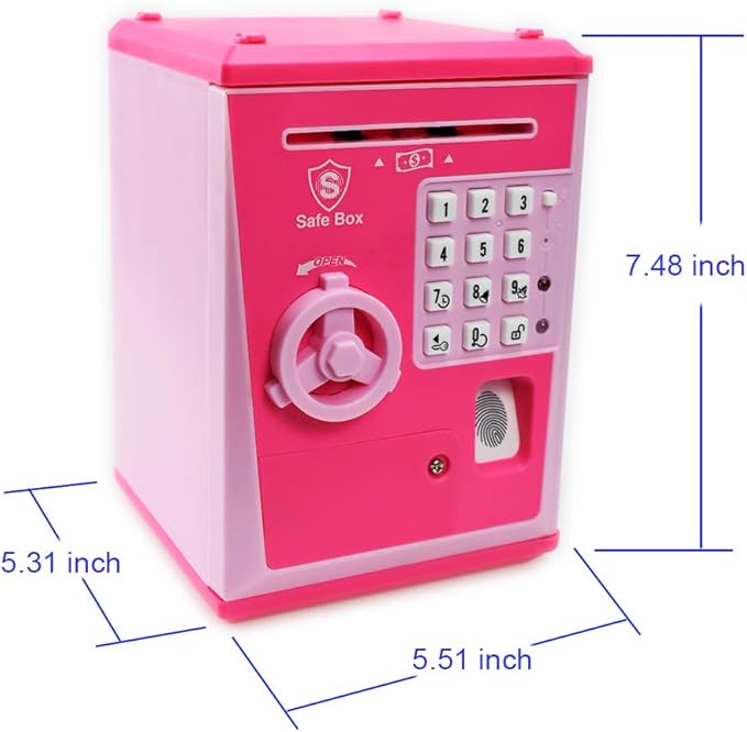Toy Safe Box, Electronic ATM Piggy Bank, Money Coin Savings Bank, Finger Print Scanner Lock, Great Gift for Children Kids (Pink/Pink)