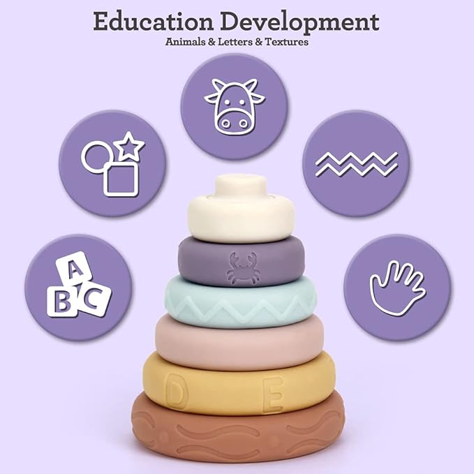 Tudou 6 PCS Baby Girl Stacking & Nesting Toys, Soft Stacking Blocks Ring Stacker, Baby Sensory Teethers with Letter, Animal and Shape, Early Learning Toys for Babies & Toddlers 6 Months