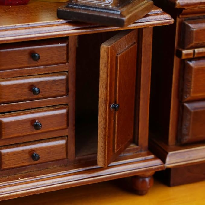 Dollhouse Furniture, Doll Display Cabinet with Drawers 1:12 Scale Miniature Dollhouse Vintage Wooden Bookcase Mini Bookshelf Living Room Dolls & Accessories DIY Decorations for Girls and Boys
