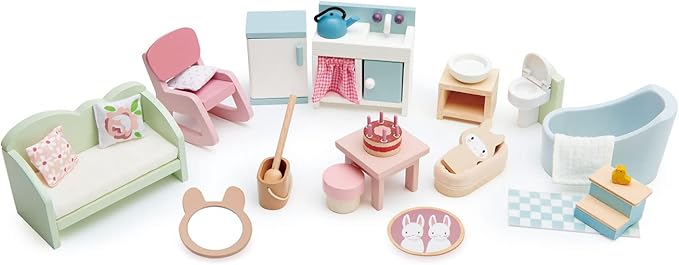 Tender Leaf Toys - Countryside Furniture Set - Fully Furnished Dollhouse Accessories - Bathroom, Living Room and Kitchen All in one, Miniature Pretend Play - Age 3+