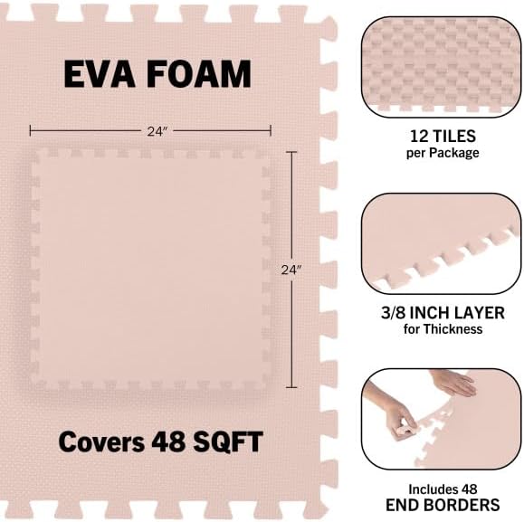 Foam Floor Tiles - 48sqft Soft Nontoxic Baby Play Mat - Interlocking Puzzle Mat for Baby, Kids Playroom, or Home Gym Flooring by Stalwart (Light Pink)