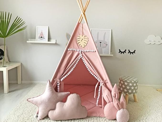 Kids Teepee Tent with White Pom Pom - Indoor Play Teepee for Children Boys Portable Play House (Pink)