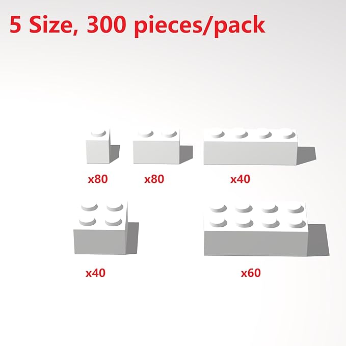 300Pcs Building Brick Bulk, White Bulk Bricks with 5 Sizes, Compatible with Lego and Parts and Pieces, Creative Halloween Christmas Building Block Toys for Boys Girls Ages 6 7 8 9 10 Years Old
