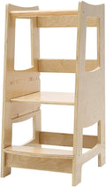Toddler Kitchen Step Stool with Safety Rail Kids Wooden Standing Tower for Kitchen Counter and Bathroom Sink, 3 Heights Adjustable Step Up Stool Mothers' Helper, Solid Wood Construction, Natural