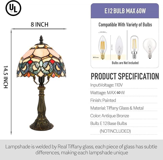 Small Tiffany Lamp Mini Accent Table Lamp Stained Glass Desk Memory Lamp Sympathy 8X14.5 Inch (Pink Baroque Style)