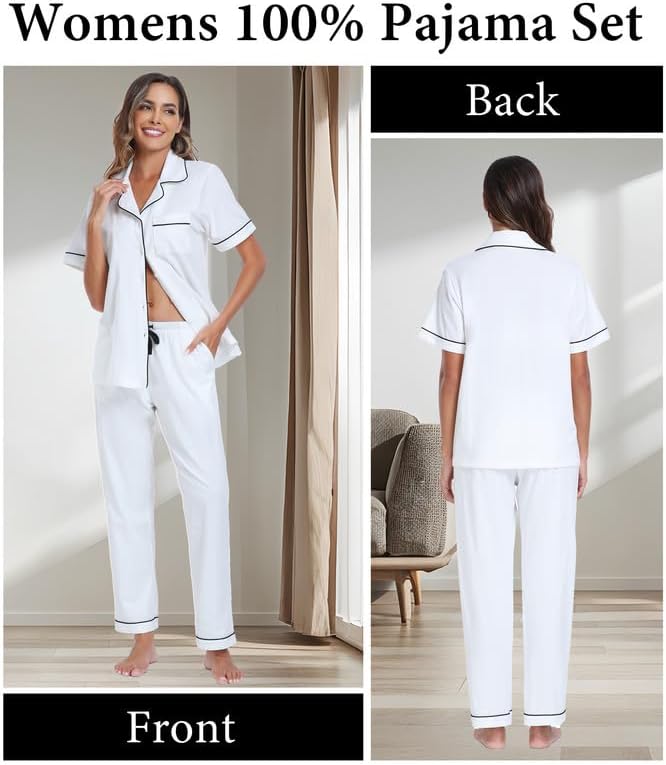 CF Womens 100% Cotton Pajamas Set Button Down Pjs Sets Short Sleeve Top & Long Pants Sleepwear Comfy Loungewear with Pockets