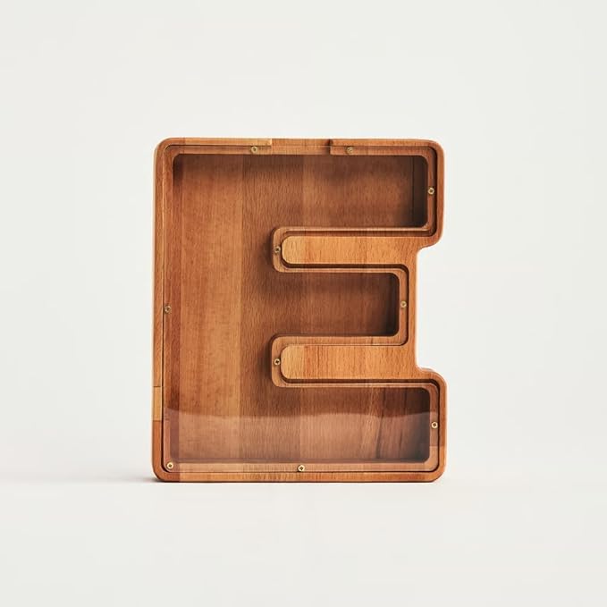 Personalized Wooden Piggy Bank – Custom Letter E Coin Bank in Beech Wood with Clear Acrylic Front, Engraved Name Option, Money Saving Box for Kids and Adults