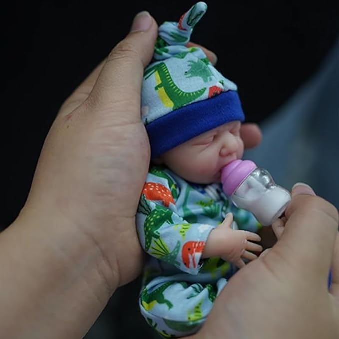 7 Inch Mini Silicone Baby, Reborn Baby Dolls Silicone Full Body Boy Eric, Realistic Newborn Baby Doll Real Life Miniature Baby Doll with Feeding Accessories