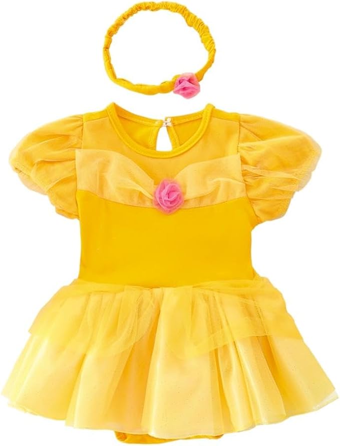 Dressy Daisy Princess Onesie Romper Fancy Dress Costume Halloween Birthday Bodysuit Outfit with Headband for Infant Baby Girl