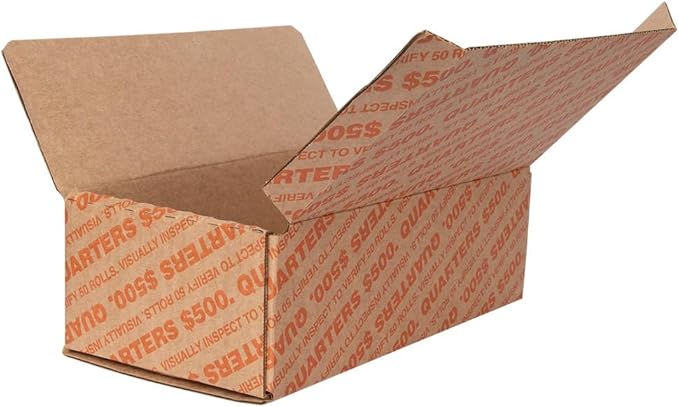 Quarter Coin Holder Box - Pack and Ship Coin Storage Box - Package of 50 - Orange and Brown - Holds 50 Rolls of Wrapped Coin - $500 Capacity