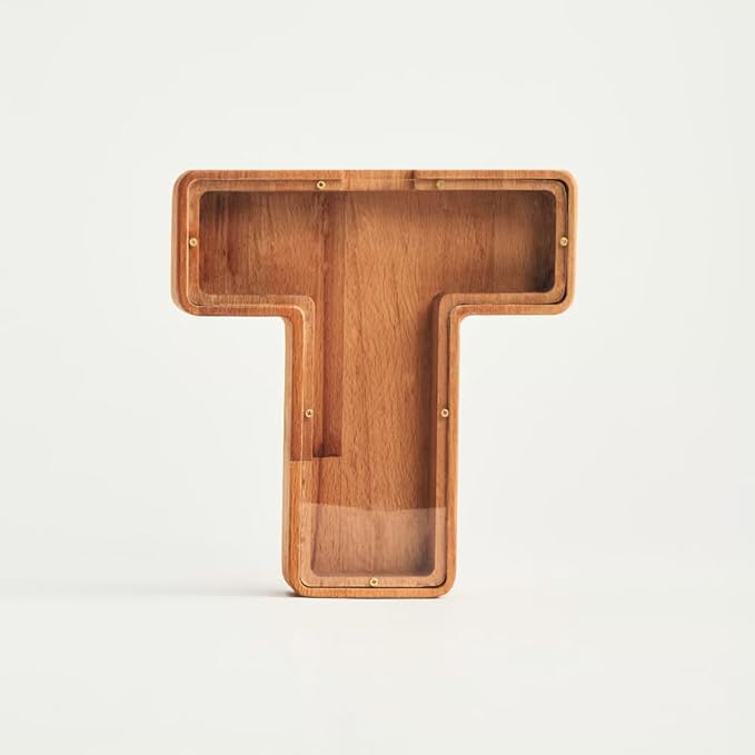 Personalized Wooden Piggy Bank – Custom Letter T Coin Bank in Beech Wood with Clear Acrylic Front, Engraved Name Option, Money Saving Box for Kids and Adults