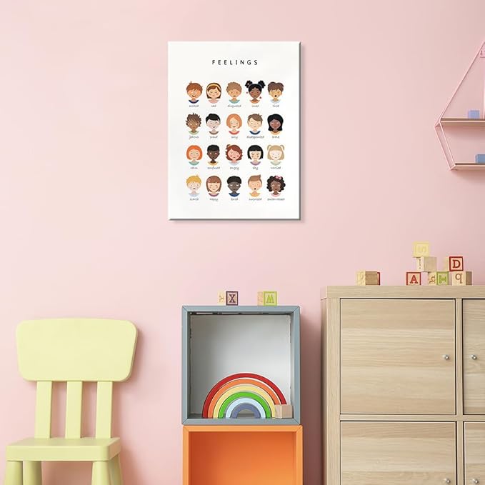 uoyien Feelings Chart And Emotions Poster For kids Mental Health Awareness Canvas Wall Art Special Emotions Faces Calm Corner Prints Classroom Social Worker Office Decor 12x16in Wood Framed