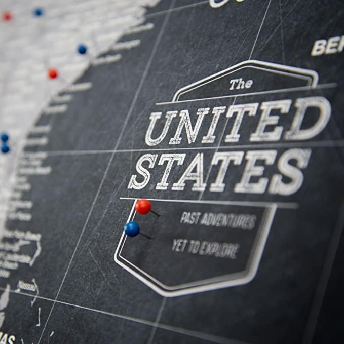Conquest Maps World Travel Map with Pins Modern Slate Style Push Pin Travel Map Cork Board, Track Your Travels w/a Handmade Unique Canvas Pinable Map (48" x 32")