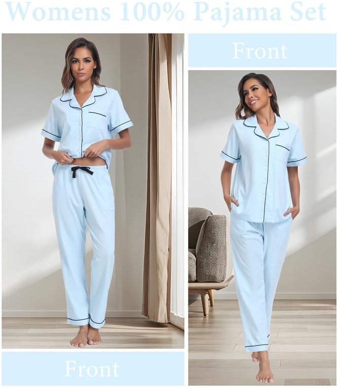 CF Womens 100% Cotton Pajamas Set Button Down Pjs Sets Short Sleeve Top & Long Pants Sleepwear Comfy Loungewear with Pockets
