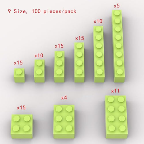 100 Piece Grass Green Classic Building Blocks, Compatible with LEGO, 9 Sizes, A0001