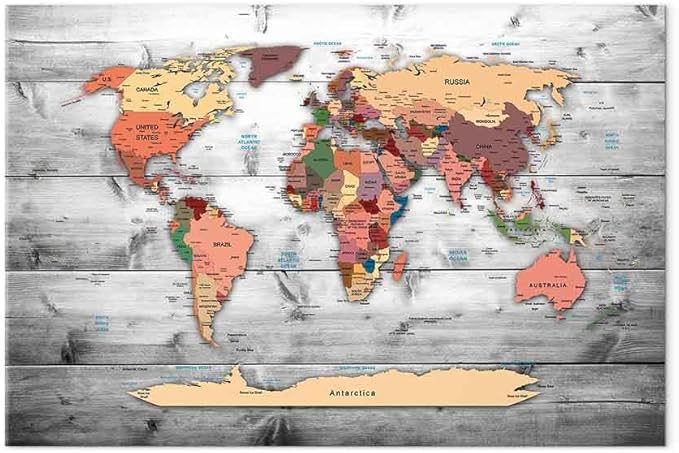 artgeist Canvas Wall Art Print World Map 35x24 in - 1pcs Home Decor Framed Stretched Picture Photo Painting Artwork Image World Travel Map Wood k-B-0009-b-c
