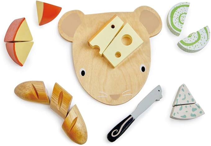 Tender Leaf Toys - Cheese Chopping Board - Wooden Play Food Set with 4 Choppable Cheeses, Baguette, Wood Knife and Illustrated Board - Improves Fine Motor Skills - Develops Social Skills - Age 2+