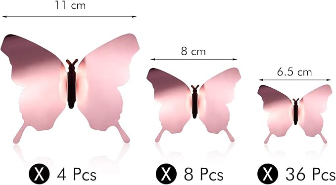 48 Piece DIY Mirror 3D Butterfly Stickers - Removable Decals for Home, Bedroom, Bathroom, Living Room (Rose Gold)