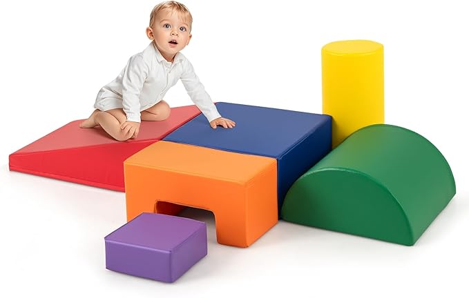 Costzon Toddler Climbing Toys, 6 Pieces Climb and Crawl Playset with PU Cover for Baby Crawling, Climbing & Walking, Indoor Foam Climbing Blocks for Toddlers (Rainbow)