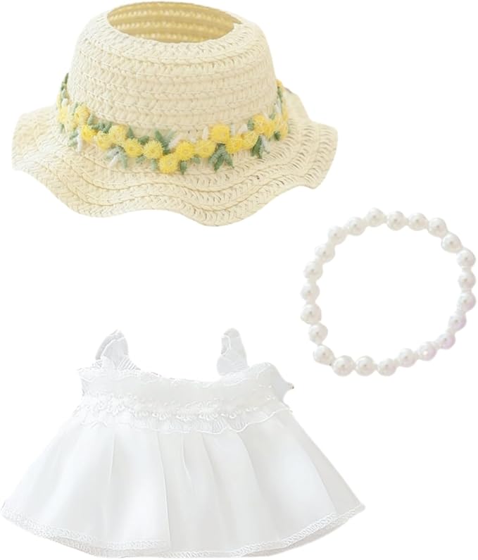 Clothes for Dolls Accessories, Outfit Set 3 Pieces Gauze Dress for 15cm 17cm Doll (No Doll), Romantic Hat Skirt Doll Clothing Set Replacement White