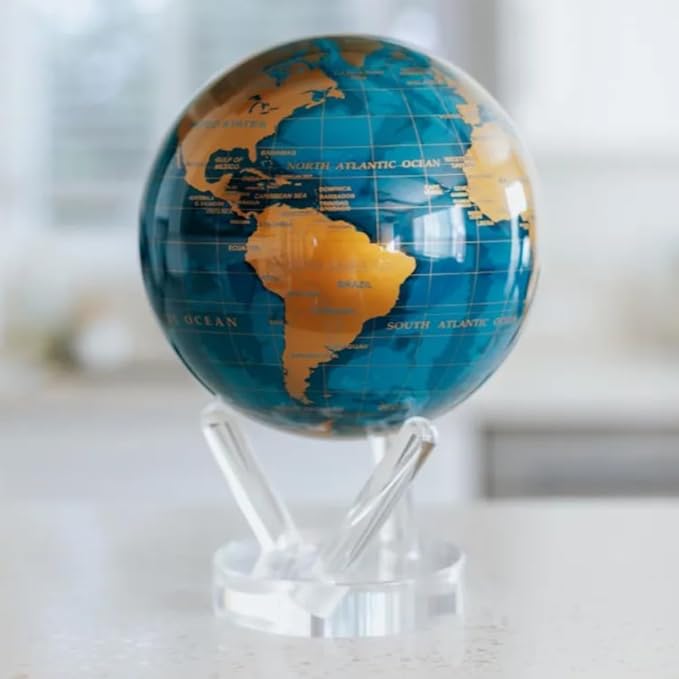 MOVA Blue and Gold Solar-Powered Rotating Globe 6” | Desk Decor with Stand | No Batteries Needed | Modern Map Accent for Home or Office