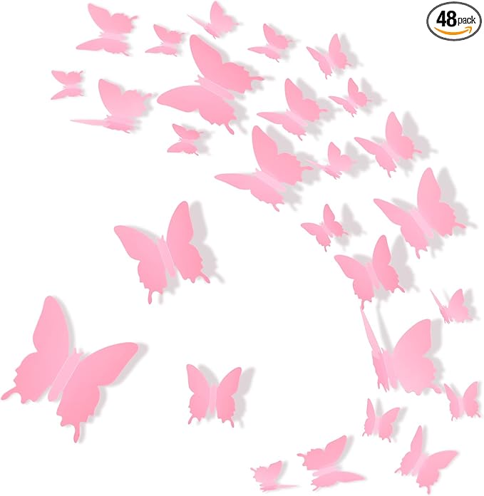 BBTO 48 Pieces Butterfly Wall Decor DIY Mirror 3D Butterfly Stickers Removable Decals for Home Bedroom School Bathroom Living Room Decor(Pink)