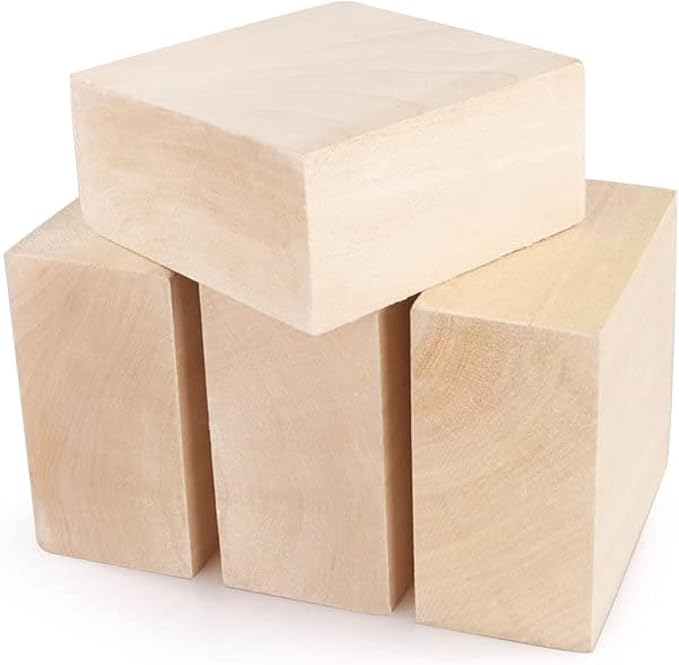 SHUESS 4 PCS Basswood Carving Blocks 4 X 4 X 2 inch Basswood for Wood Carving Whittling Wood Carvings Blocks Wooden Blocks for Carving Unfinished Wooden Block for Adults Beginners or Expert