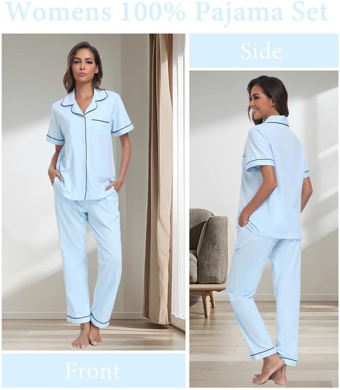 CF Womens 100% Cotton Pajamas Set Button Down Pjs Sets Short Sleeve Top & Long Pants Sleepwear Comfy Loungewear with Pockets