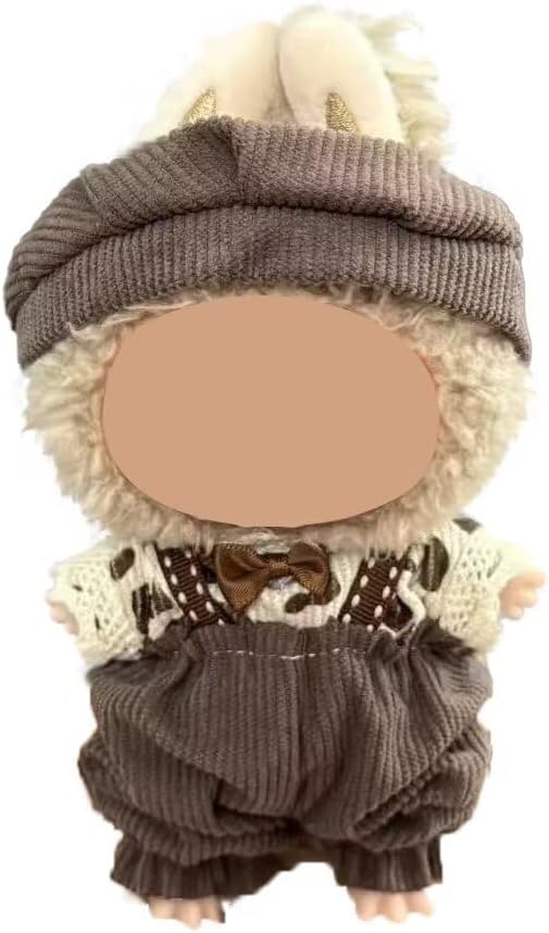 Clothes for Iabubu(NO Doll),Cute Handcrafted Crochet Set for Iabubu Clothes,Fashion Dressy Doll Outfit Accessories,Stylish Doll Accessories for 17cm Doll(Brown Hat+Beige Top+Brown Suspenders)