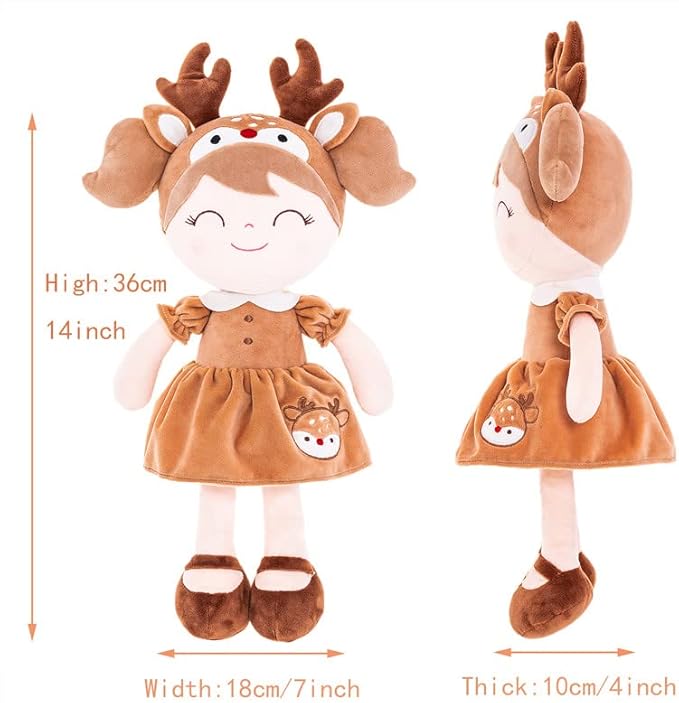 Gloveleya Plush Baby Doll Girl Gifts – 16 Inch Soft Elk Deer Doll with Gift Box, Brown Toddler Girl Birthday Present, Keepsake First Plush Toy for Nursery, Christmas