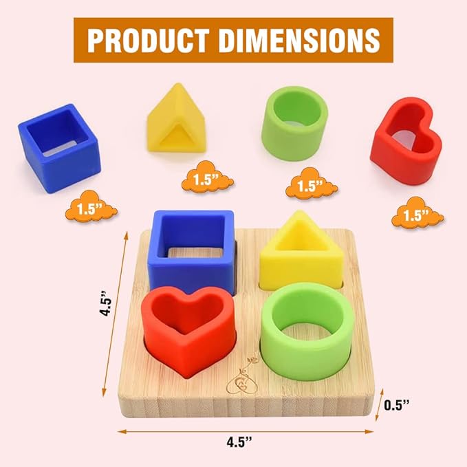 My Little Nugget Silicone (Heart) Puzzle Shape Toy with a Bamboo Base, Stacking Blocks, Safe Teething & Squeezing Play, BPA Free, Developmental and Educational Toy for Kids,