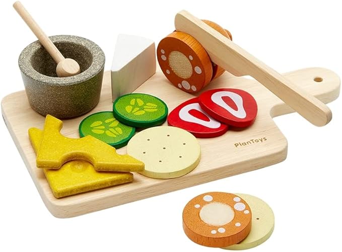 PlanToys® Wooden Pretend Cheese & Charcuterie Board Food Toy for Kids | Includes Cheese, Sausage, Crackers, Grapes, Knife & Board | Montessori Role Play Kitchen Toy for Imaginative Learning