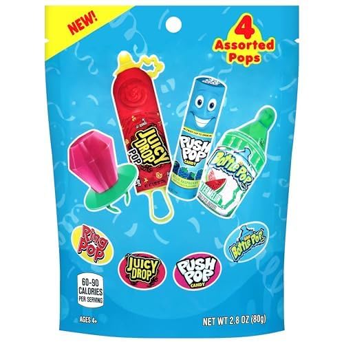 Halloween Candy Variety Pack Bag, 4 Ct Individually Wrapped Lollipops, Ring Pop, Push Pop, Baby Bottle Pop & Juicy Drop For Birthday Party Favors, Trick or Treat, Halloween Candy Bowls, Kids Gifts