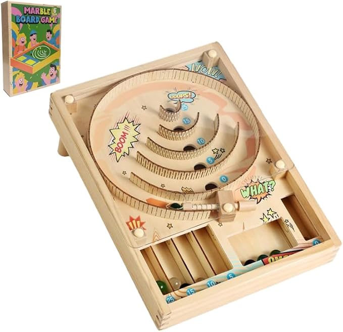 Wooden Marble Run, Marble Game, Wooden Pinball Rolling Toy, Mini Pinball Tabletop Machine with Stand, 10 Glass Marbles