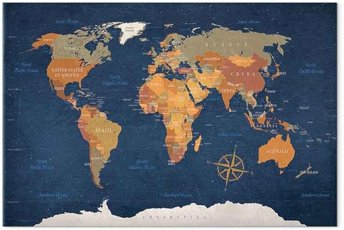 artgeist Acoustic Canvas Wall Art Print World Map 35x24 in - 1pcs Picture with Acoustic Foam Sound Print Artwork Room Acoustics Soundproofing Poster Map of The World World Travel Map k-C-0048-b-b