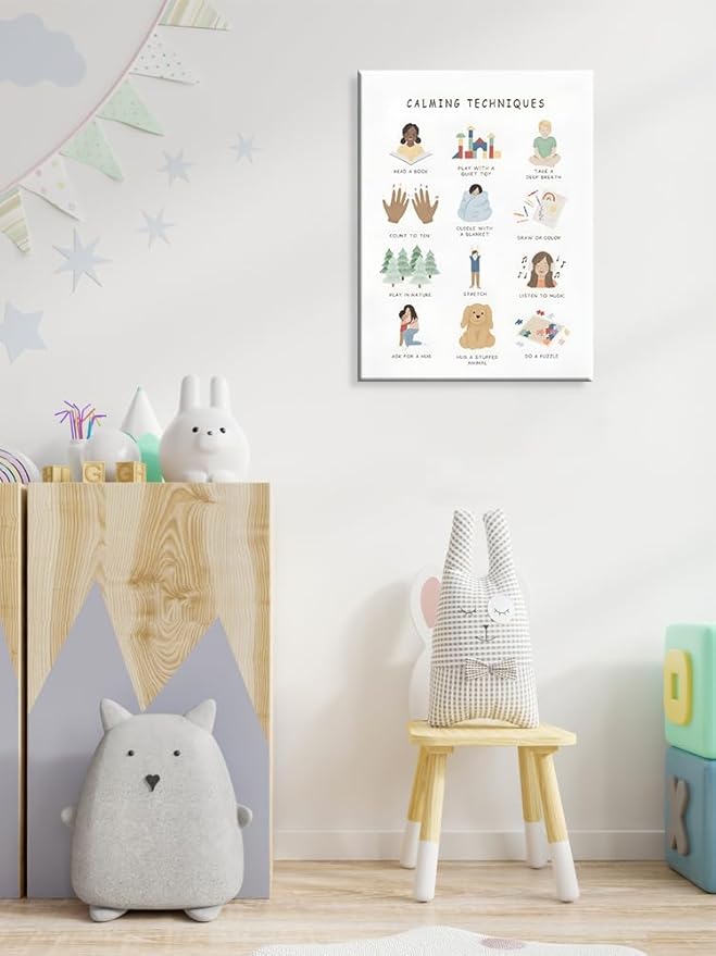uoyien Calming Corner Classroom Mental health Poster Feelings Calming Techniques Canvas Wall Art Boho Emotions Chart for Kids Prints Special Education Wall Decor for School 12x16in Wood Framed