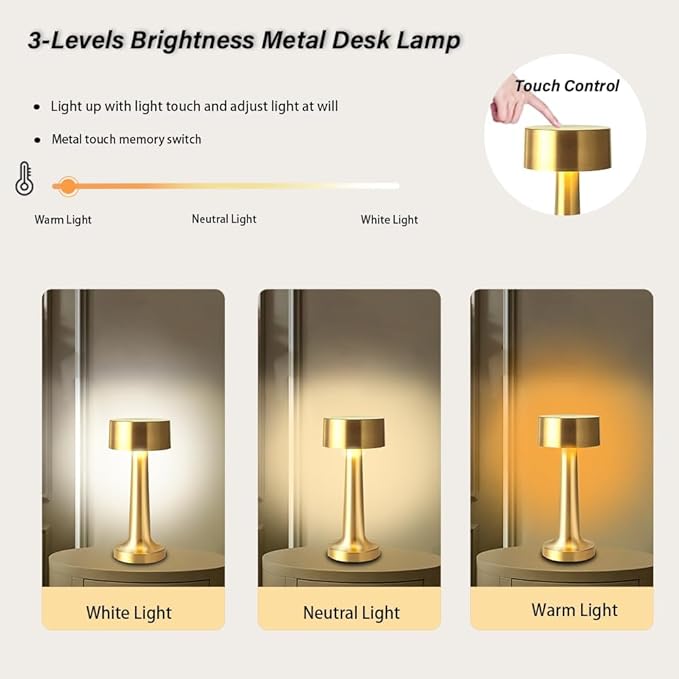 Portable LED Table Lamp, 3-Levels Brightness Metal Desk Lamp,3 Color Touch Control Rechargeable Lamp, Night Light,USB Outlet Extender Lamp,USB Ports Bedside Lamp