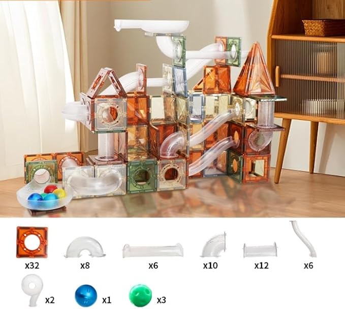 80 PCs Marble Run Maze Race Track Magnetic Tiles Magnet Building Block Educational Construction Toy Playset STEM Learning Kit Child Brain Development