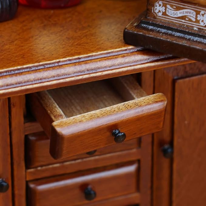 Dollhouse Furniture, Doll Display Cabinet with Drawers 1:12 Scale Miniature Dollhouse Vintage Wooden Bookcase Mini Bookshelf Living Room Dolls & Accessories DIY Decorations for Girls and Boys