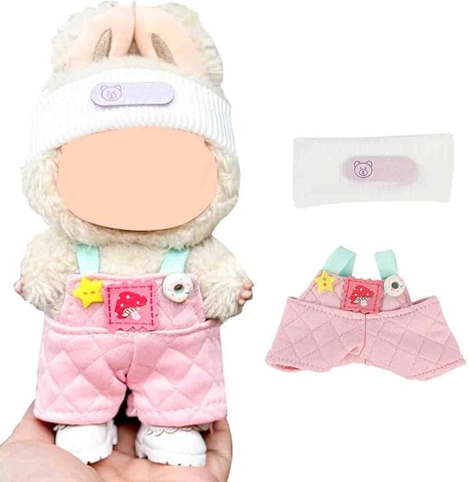 Doll Clothes for Labubu(NO Doll), for 17/15cm Plush Dolls, Clothing Suit Toy Figurine Outfit Set Dress Up with Kawaii Style Accessories, Multicolour Overall and Cute Hat or Headwear (LB105)