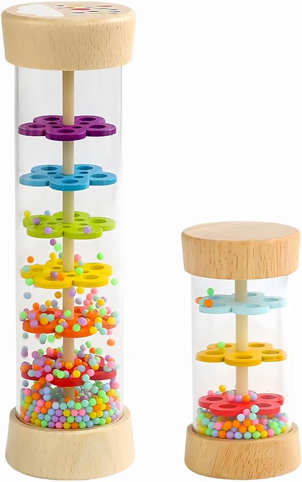 Oneshow Rain Sticks for Kids, Wooden Rainmaker Montessori Toys for Baby 6-12 Months, Rain Stick Baby Rattle Sensory Development Toys with Calming Rain Sounds Gifts for 1 Year Old Toddler 7.7"& 3.7"